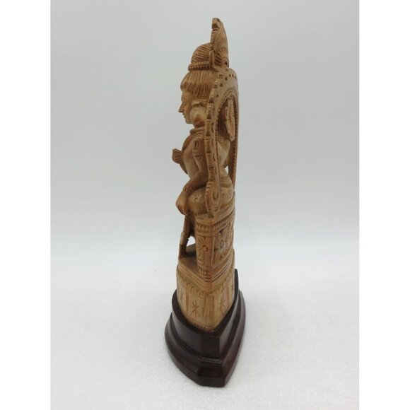 Hand-Carved Wooden Indian Statue With Intricate Detailing and Dark Base 9" Tall - Picture 6 of 11